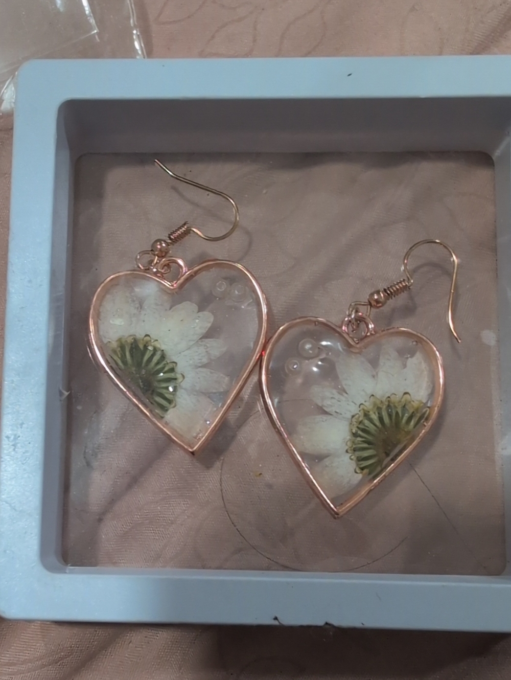 Rose Gold Heart Earrings with Pressed White Daisies
